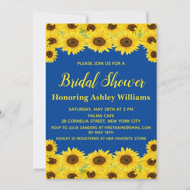 Custom Blue Rustic Sunflowers Fall Bridal Shower Invitation (Front)