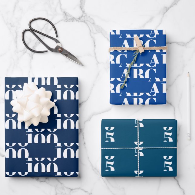 Custom blue shades monogram initials number year wrapping paper sheet (Front)