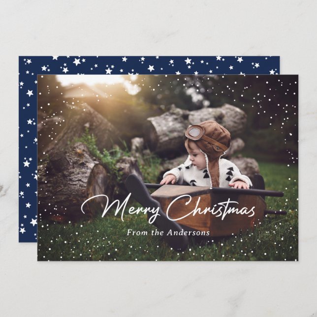 Custom Blue Snow Stars Photo Christmas Cards (Front/Back)