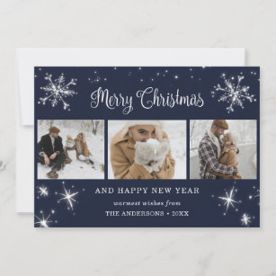 Custom Blue Sparkly Snowflake Photo Collage Holiday Card