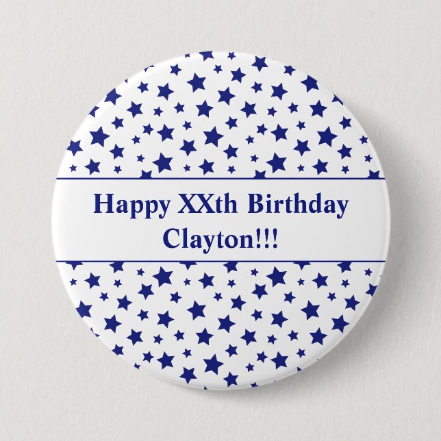 Custom Blue Stars With Message Birthday Button (Front)