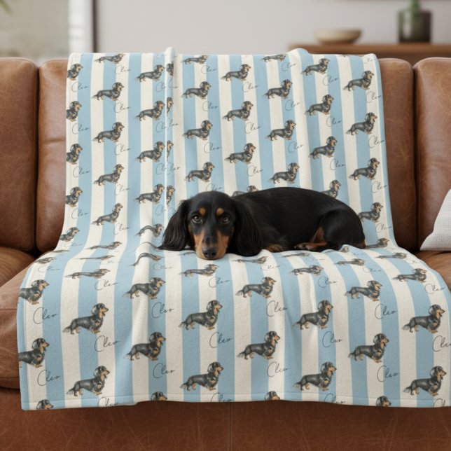 Custom Blue Stripe Dachshund Pet Name Fleece Blanket (Get cozy with this "Custom Blue Stripe Dachshund Pet Name Fleece Blanket"!)