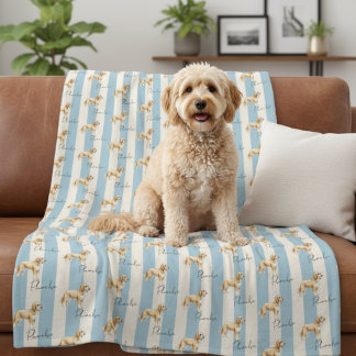 Custom Blue Stripe Golden Doodle Pet Name Fleece Blanket