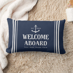 Custom Blue Striped Boat Nautical Welcome Aboard  Lumbar Cushion