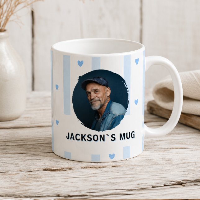 Custom Blue Stripes Heart Photo Name Mug  (Custom Photo Name Mug Blue Stripes Heart)
