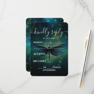 Custom Blue Teal Green Dragonfly Wedding RSVP Card