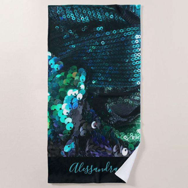 Custom Blue Teal Sequins Look Glamourous Fun  Beach Towel (Front)