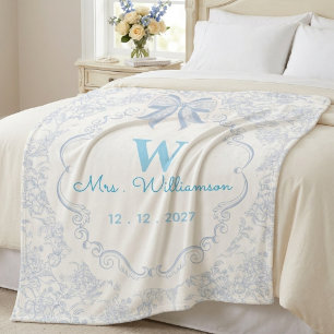 Custom Blue Toile Monogrammed Bridal Shower Sherpa Blanket