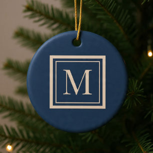 Custom Blue & Vanilla Framed Monogram Ceramic Tree Decoration