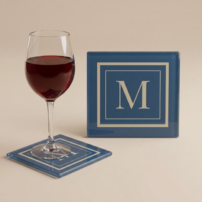 Custom Blue & Vanilla Framed Monogram Glass Coaster (Creator Uploaded)