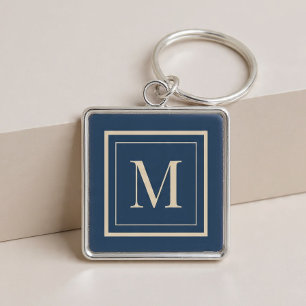 Custom Blue & Vanilla Framed Monogram Key Ring
