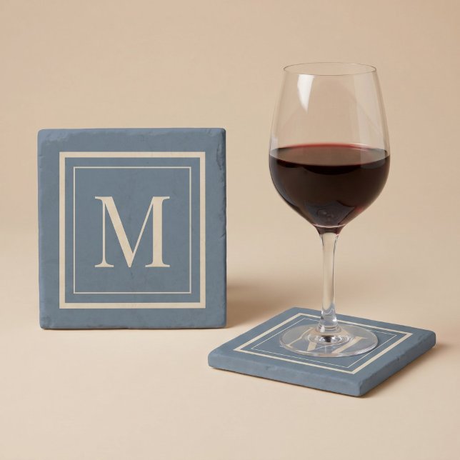 Custom Blue & Vanilla Framed Monogram Stone Coaster (Creator Uploaded)