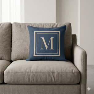 Custom Blue & Vanilla Framed Monogram Throw Pillow
