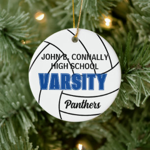 Custom Blue Varsity Volleyball Photo Christmas Ceramic Tree Decoration