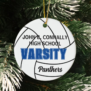 Custom Blue Varsity Volleyball Photo Christmas Ceramic Tree Decoration