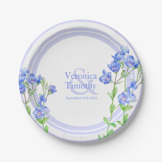 Custom blue Veronica Speedwell watercolor flower Paper Plate (Front)