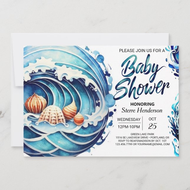 Custom Blue Water Baby Shower Invitation (Front)