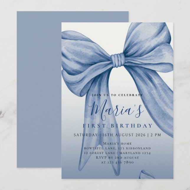Custom Blue Watercolor Bow First Birthday Invitation (Front/Back)