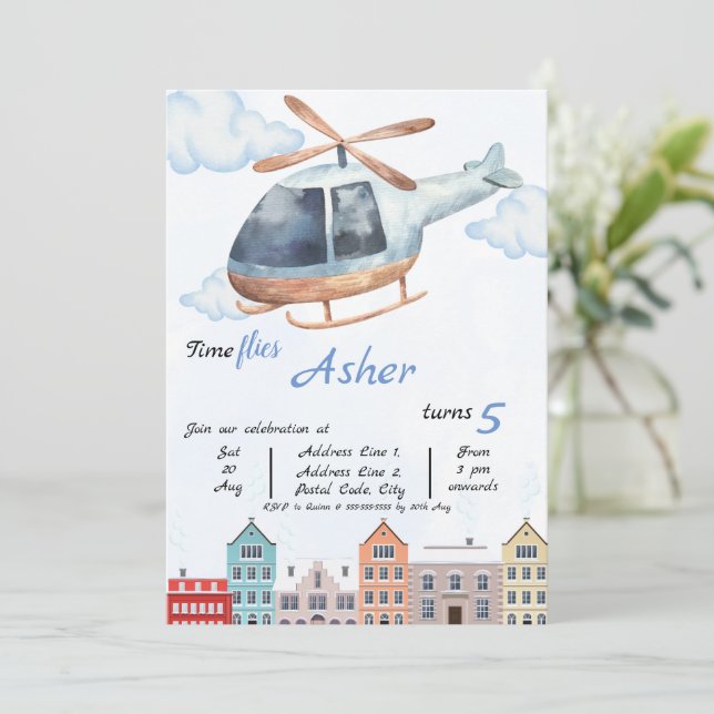 Custom Blue Watercolor Helicopter Boys Birthday Invitation (Standing Front)