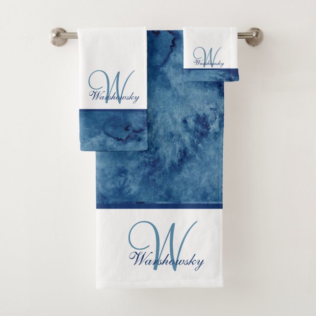 Custom Blue Watercolor White  Elegant Monogrammed Bath Towel Set (Insitu)