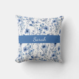 Custom Blue Watercolor Wildflower Floral Name Cushion