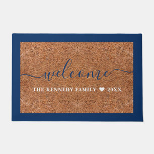 Custom Blue Welcome Family Name Rustic Coir   Doormat