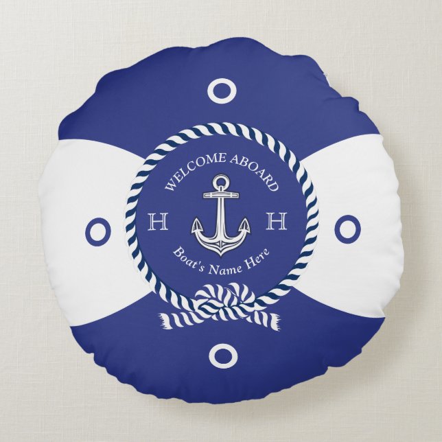 Custom Blue White Anchor Life Ring Nautical Round  Round Cushion (Back)