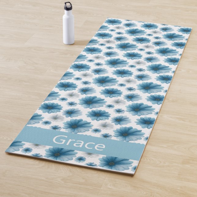 Custom Blue White Daisy Floral Pattern Yoga Mat (In Situ)