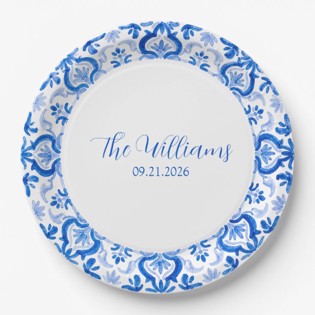 Custom Blue White Faux Delft Wedding Paper Plate (Front)