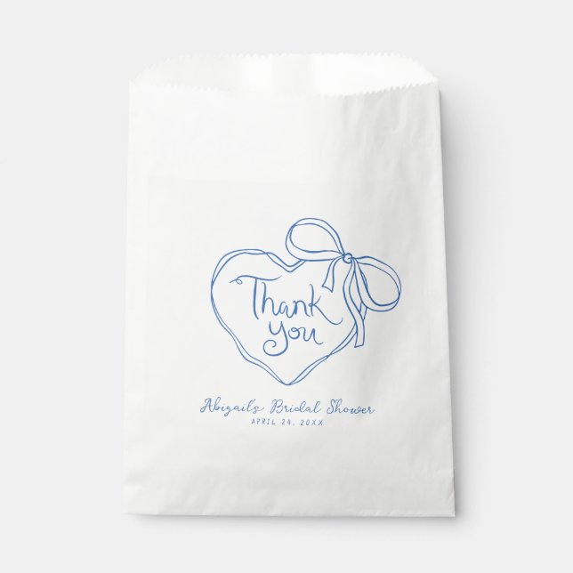 Custom Blue White Hand Drawn Heart Bow Thank You Favour Bags (Front)