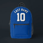 Custom Blue White Last Name Sports Jersey Number Printed Backpack<br><div class="desc">Custom-designed sports jersey backpack in vibrant blue with striking white lettering and bold black shadow detailing for your last name and chosen number. This personalised backpack is a must-have for sports enthusiasts, adding a touch of individuality to your gear collection. Crafted with durability in mind, it ensures long-lasting performance while...</div>