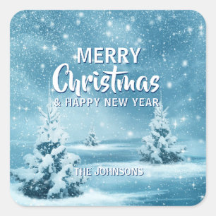 Custom Blue White MERRY CHRISTMAS Tree Winter Square Sticker