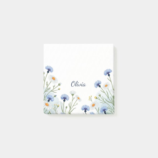 Custom Blue Wildflower Sticky Notes, Personalised Post-it Notes (Front)