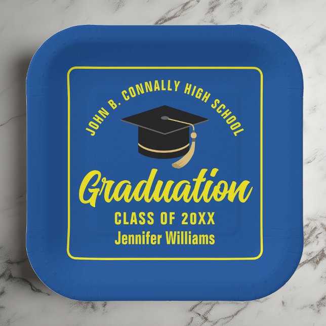 Custom Blue Yellow Graduation Party Square Paper Plate (Creator Uploaded)