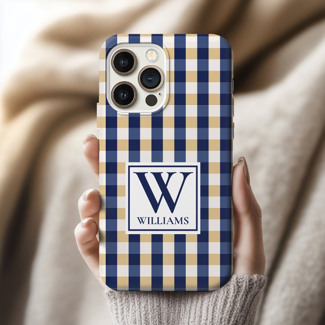 Custom Blue Yellow Plaid Phone Case Gift for Him (Custom Name Plaid Phone Case Gift for Women or Men, Personalized Gingham Check Phone Case for Friend)