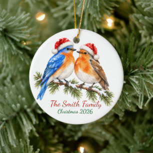 Custom Bluebird Robin Winter Couple Ceramic Circle Tree Decoration