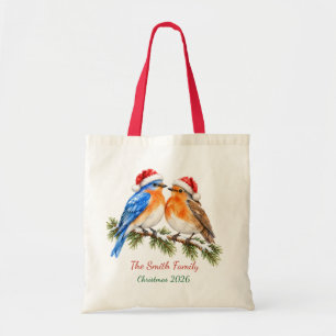 Custom Bluebird Robin Winter Couple Tote Bag
