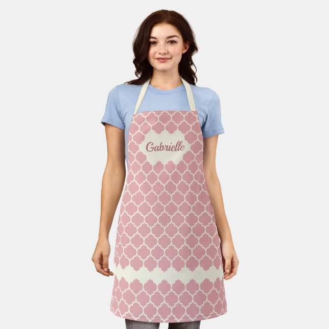 Custom Blush Coral Pink Ivory Trellis Pattern Apron (Worn)