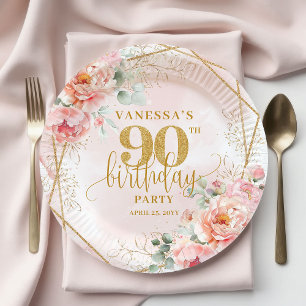 Custom Blush Floral Gold Glitter 90th Birthday  Paper Plate
