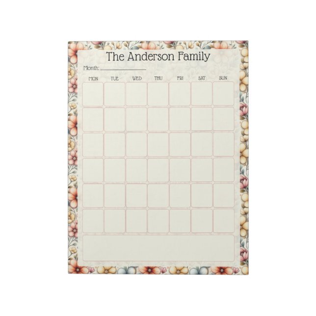 Custom Blush Floral Monthly Calendar Notepad (Rotated)
