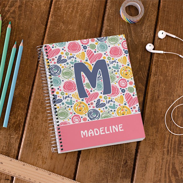 Custom Blush Pink Dark Blue Heart Art Pattern Notebook (Creator Uploaded)