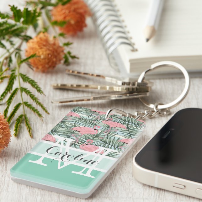 Custom Blush Pink Flamingoes Palm Leafs Pattern Key Ring (Front Right)