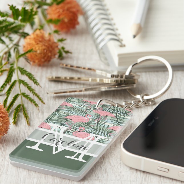 Custom Blush Pink Flamingoes Palm Leafs Pattern Key Ring (Front Right)