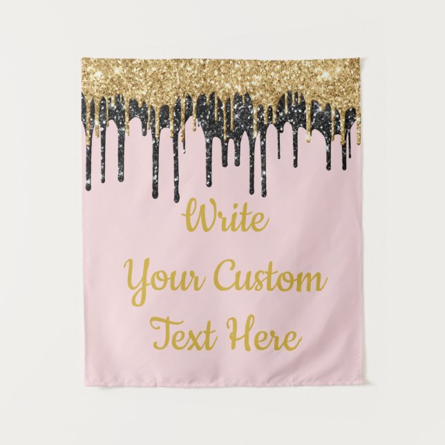 Custom Blush Pink Gold Glitter Birthday Backdrop Tapestry (Front)