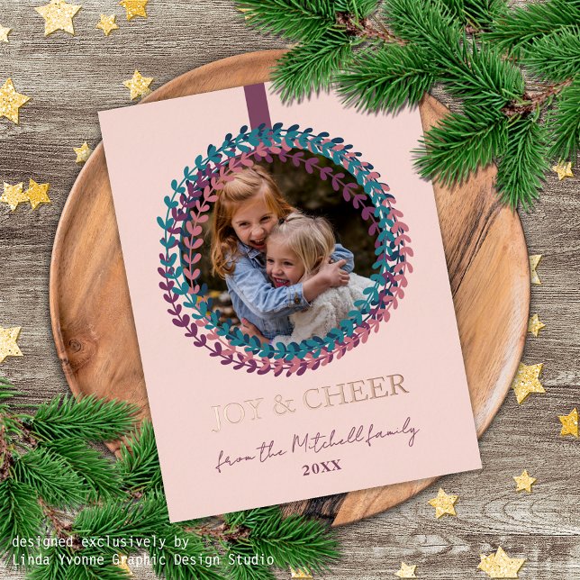 Custom Blush Pink Teal Blue Wreath Rose Gold Foil Holiday Postcard (Creator Uploaded)