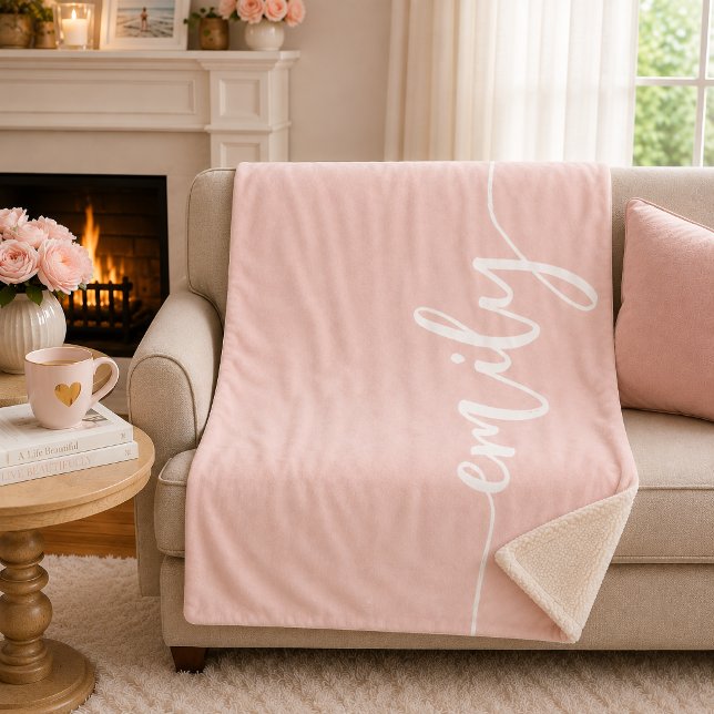 Custom Blush Pink White Calligraphy Name Sherpa Blanket (Creator Uploaded)