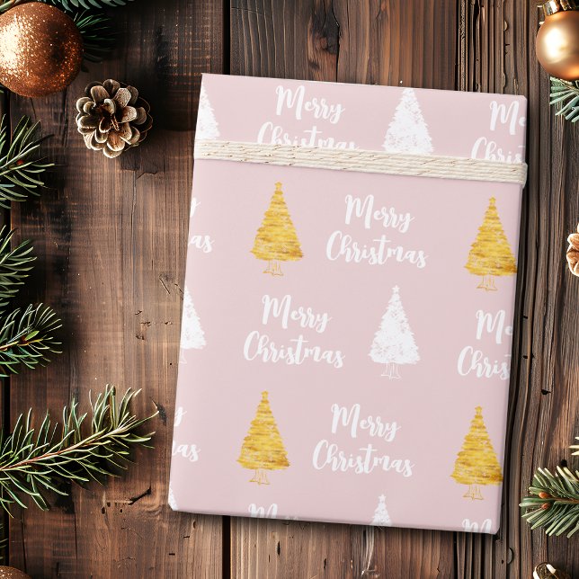 Custom Blush Pink White Golden Christmas Tree Wrapping Paper (Creator Uploaded)