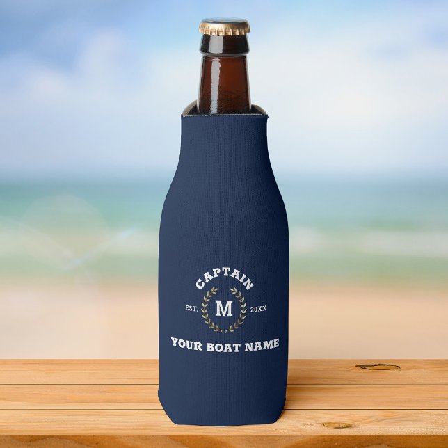 Custom Boat Captain Monogram Gold Laurel Nautical  Bottle Cooler (Creator Uploaded)