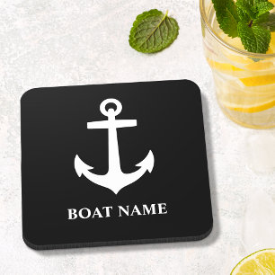 Custom Boat Name Black and White Square Cork Back Coaster