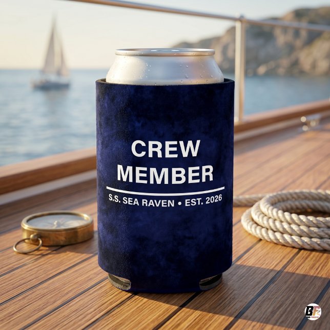 Custom Boat Name Crew Member Nautical Navy Blue Can Cooler (#vacation)